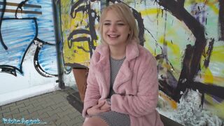 Short hair blonde amateur teen with soft natural body picked up as bus stop