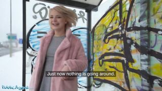 Short hair blonde amateur teen with soft natural body picked up as bus stop