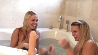 Cute Tabby Lesbian dildo in bathtub