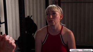 Fitness babe licks big boobs instructor
