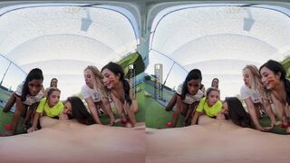 Group of horny babes seducing soccer coach VR Porn