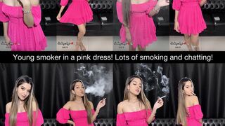 Young spoiled smoker talking about her night out while she smokes in her pink dress