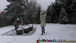 Play outside before Blonde Eats Brunettes Pussy