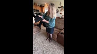 Clips 4 Sale - Date Night Seducing as Deb Teases Hubby With Her Denim Skirt, Black Stockings & Black Suede Journee Spritz Over the Knee Boots With a Boot Job