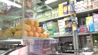 Busty Latina store clerk wants to do porn
