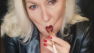 Smokerqueenjoan's perfect OMI's with cigarette lace in sexy leather coat and nude lingeries