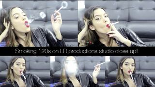 Smoking 120s cigarette on LR productions studio lclose up!