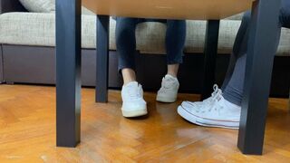 TWO STUDENTS FOOTSIE IN A LIBRARY AND SHOE STEPPING - MP4 HD