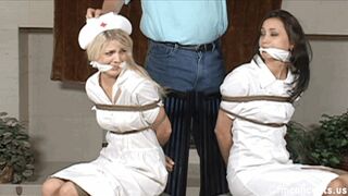 Sexy nurses Georgia Jones and Jana Jordan sit chair tied and cleave gagged!