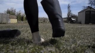 Clips 4 Sale - Barefoot in the backyard, watch from above and below, playing in the grass, milf feet, foot fetish