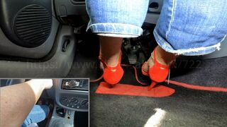 Joyce drives with one heel and barefoot with a foot jewel (PIP feet POV)