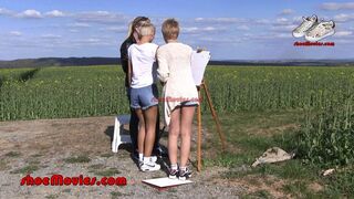 Three girls in Nike Air Max painting insects (0068n)