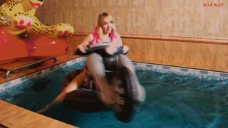 Alla hot backer on a big inflatable motorcycle in the pool brings herself to orgasm!!!