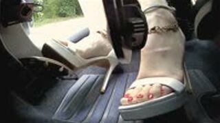 Wife drives in Sexy Platform Sandals - Pedal View