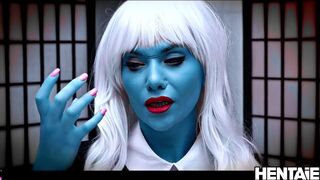 Fantastic Blonde Alien with Blue Skin Explains how to Jerk OFF