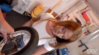 Sexy Teen in Knee High Socks Rides Cock in a Repair Shop
