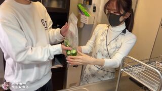 Beautiful Japanese Woman gives her Boyfriend a Blowjob in the Kitchen.