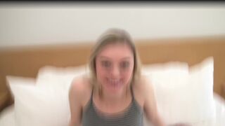 Watch this petite 18yr old blonde eat ass and suck cock