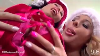 Santa's Busty Helpers in Hot Double Dildo Action