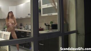 Watching my neighbour's naked sexy girlfriend goofing around in the kitchen