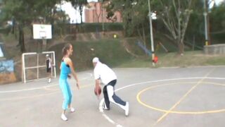 Busty cute petite teen plays on the court