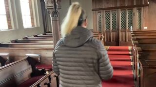 Acolyte fucks horny blonde milf in the church! Receive the blessed sperm!