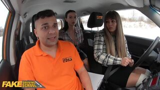 Backseat Threesome with Big Tits and Snow