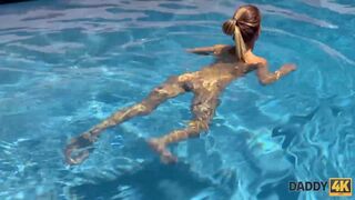 Hung man stretches pussy of son's GF near the swimming pool