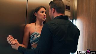 Latina neighbor fucks two in an elevator