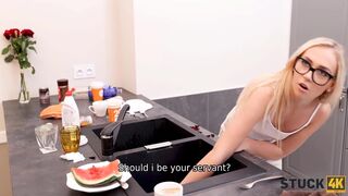 Stud walks into the kitchen to find stuck blonde and fuck her