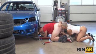 Blowjob, asslicking and fucking in the garage by big-tittied blonde