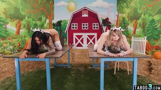 Ebony farmgirl milking two tranny dicks