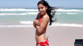 Petite Asian MILF model beach striptease