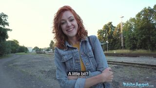 Sexy redhead waitress sucks cock and gets fucked doggystyle outside in public