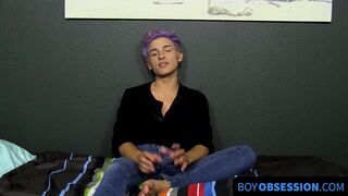 Cute twink whines for us and plays with his big fat dong