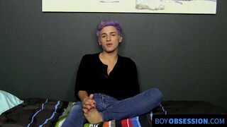 Cute twink whines for us and plays with his big fat dong