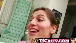 Tgirl Casey Kisses slurping jizz after spitroast