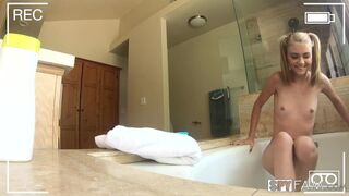 Step bro hides in step sis’ bathroom to creep on her while she takes a bath and masturbates.