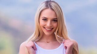 Cute-looking teen blonde Lily Larimar takes a big dick in her small mouth