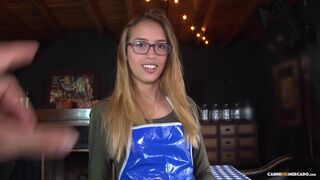 Skinny Latina waitress with glasses gets facial in steamy pickup and fuck