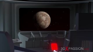 Space sex. 3d alien shemale plays with a sexy ebony in restraints on the exoplanet