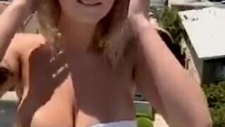 Big Tit Teen Almost Caught in Risky Rooftop Public Masturbation