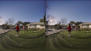 Two hot babes shake their ass and make out for their golf instructor in VR