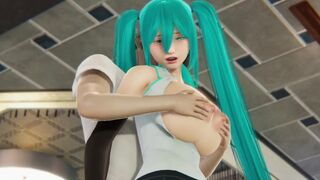 Miku gets her boobs massaged her ass licking and a big dildo in her pussy.