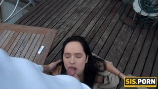 Instead of smoking cigarette brunette has sex with stepbrother