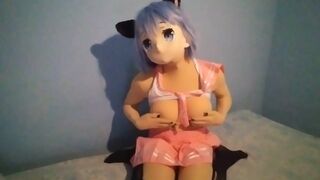 Cute neko anime schoolgirl playing with her boobs teasing - Shirotaku Kigurumi