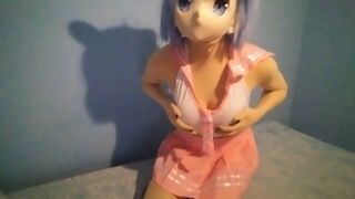 Cute neko anime schoolgirl playing with her boobs teasing - Shirotaku Kigurumi