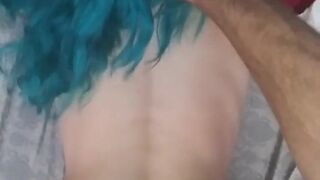 Blue haired girl gets bent over and fucked hard. She loves when I pull her hair and smack that ass!!