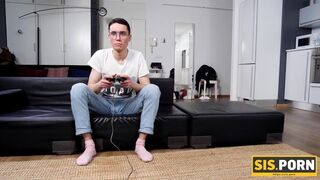 Excited blonde takes care of stepbrother and his hard joystick