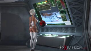 3d sexy sci-fi dickgirl android plays with a hot woman in the space station
